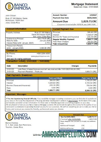 Costa Rica Banco Improsa Extrato de hipoteca bancária Scr modelo